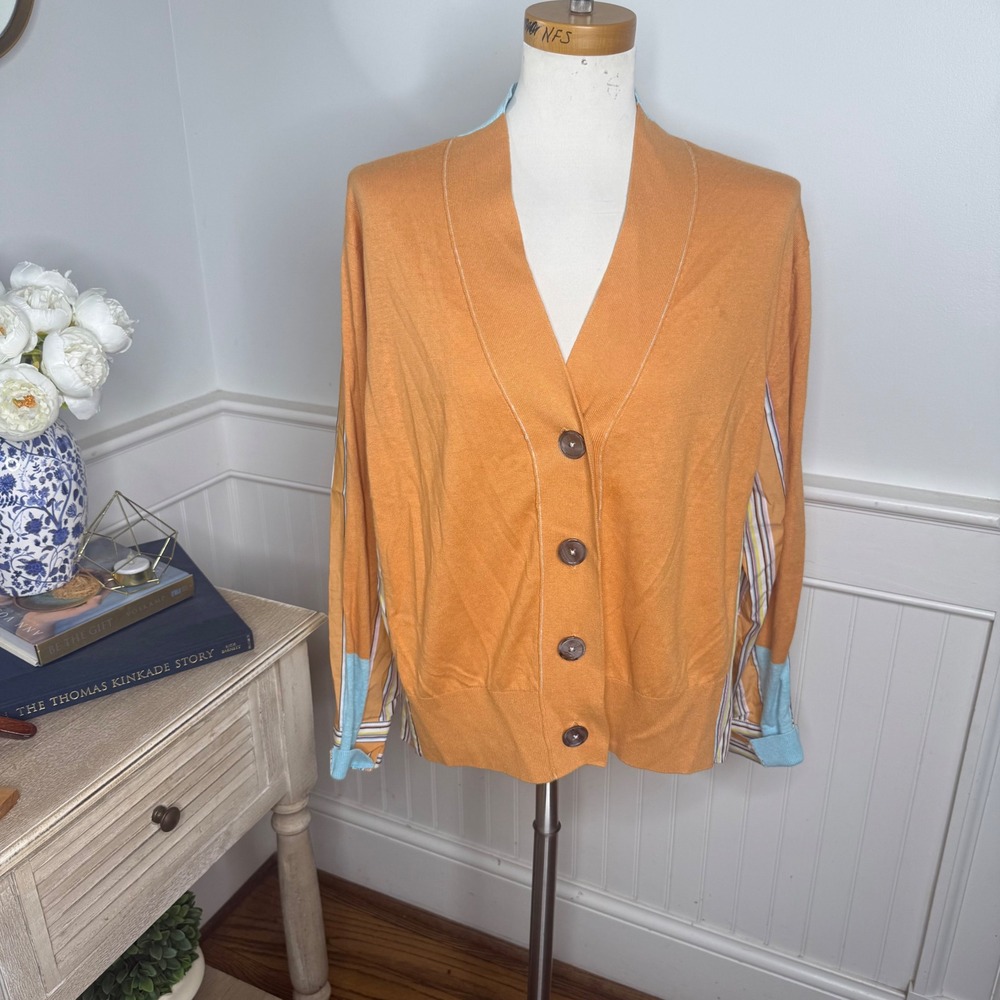 Zaket & Plover Orange Mixed Media Striped Cardigan Linen Blend XL